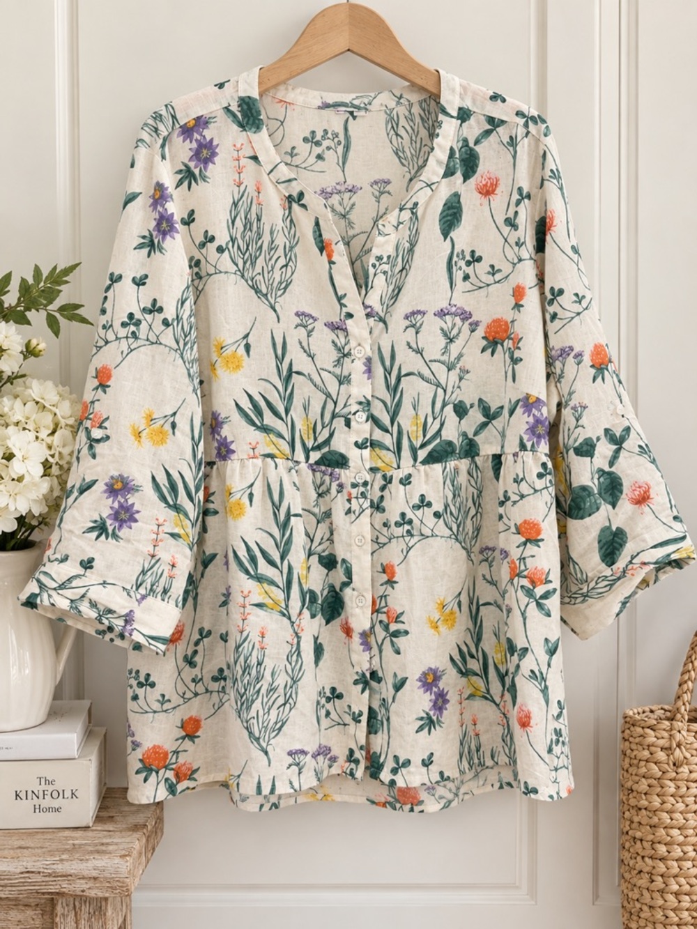 Laura Ashley 2X Linen Rayon Blend Botanical Floral Tunic Blouse 3/4 Sleeve